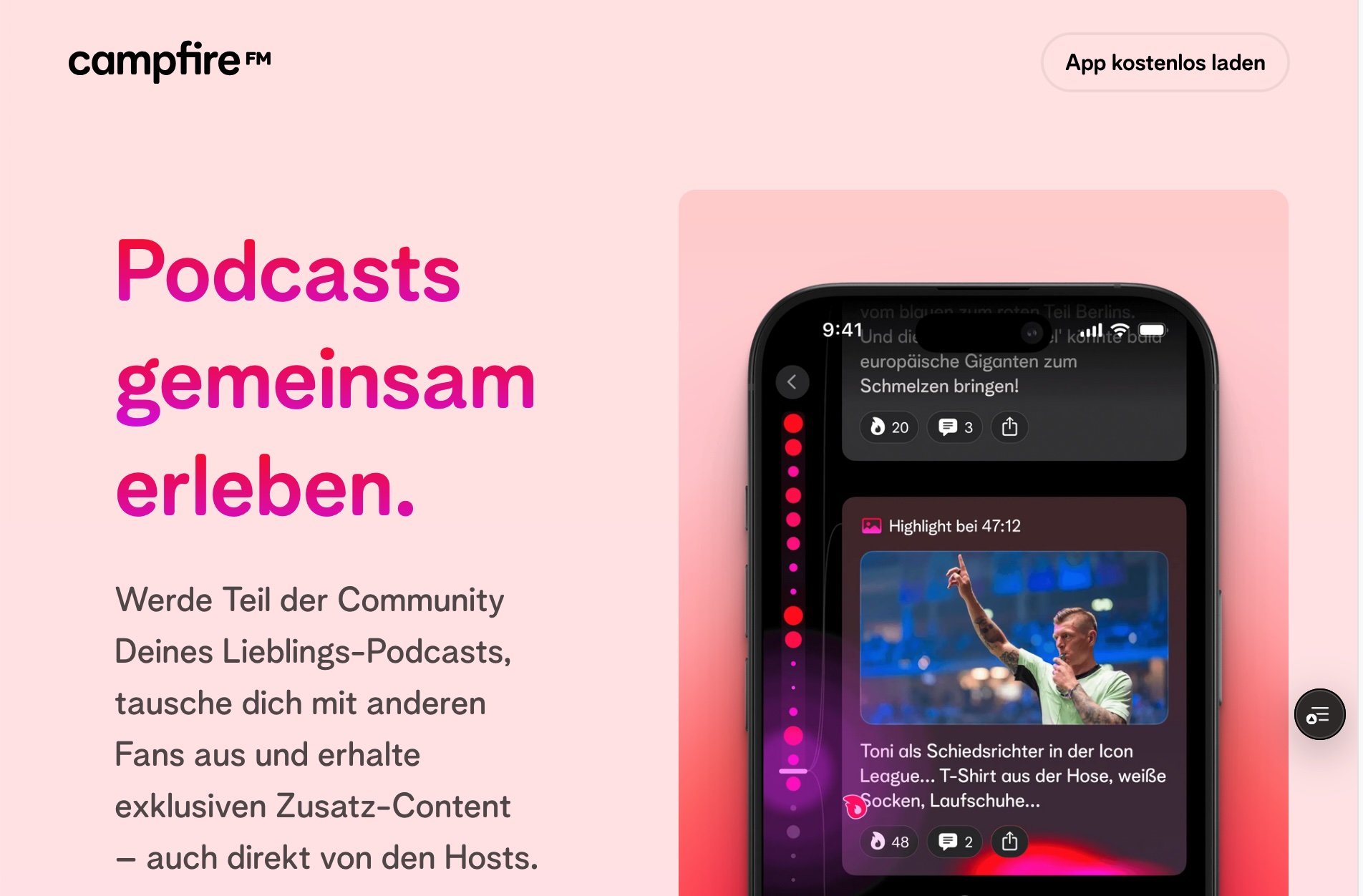 screenshot of CampfireFM home page