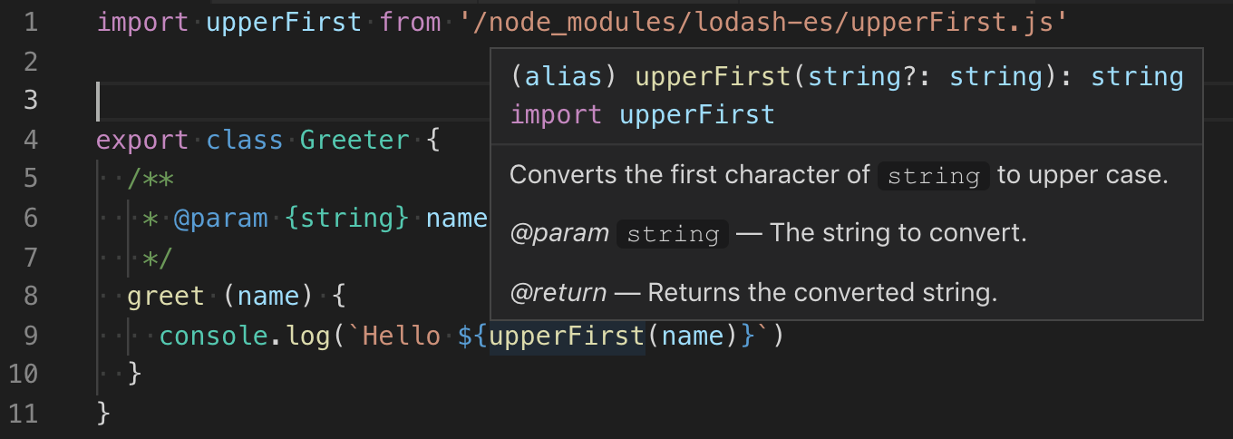 Screenshot of Visual Studio Code showing typed upperFirst
function
